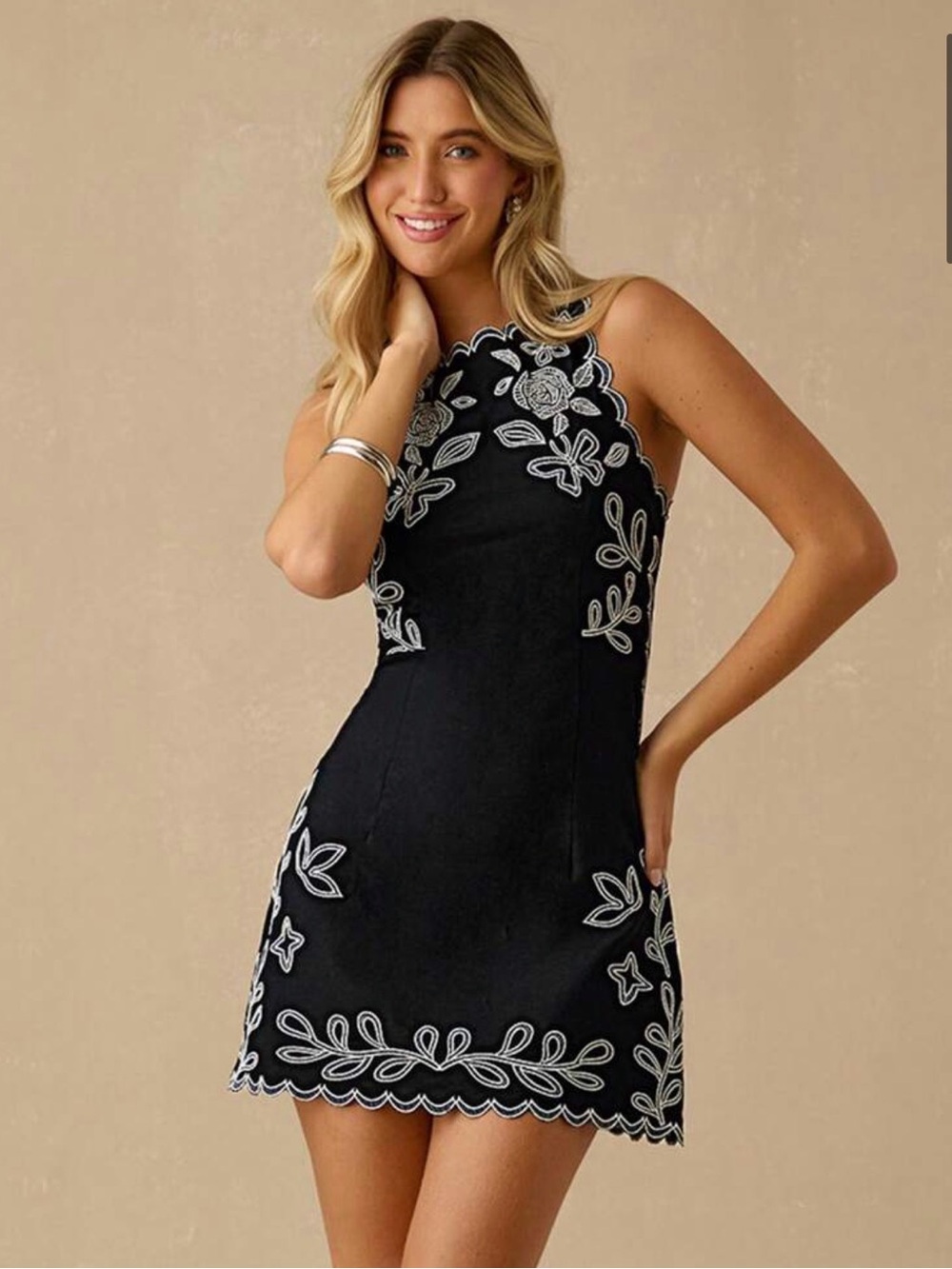 Black Linen Blend Embroidered Sleeveless A line Mini Dress XS